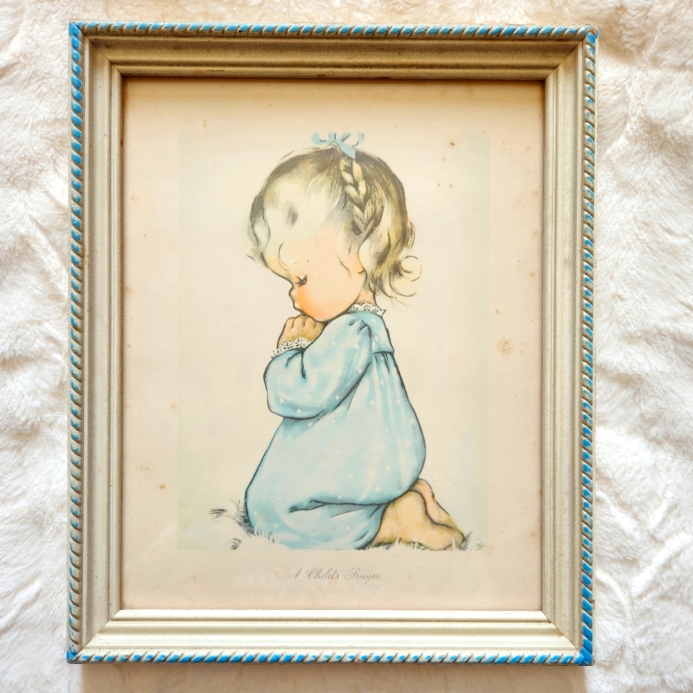 "A Child's Prayer" Vintage Framed Print (Charlotte Byj,1950's) Nursery Wallart